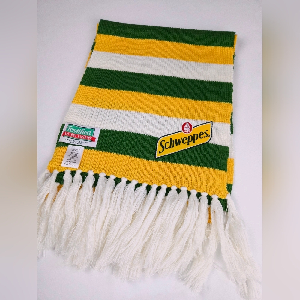 Schweppes Festified Holiday Clothing Scarf Green Yellow White Acrylic & Wool